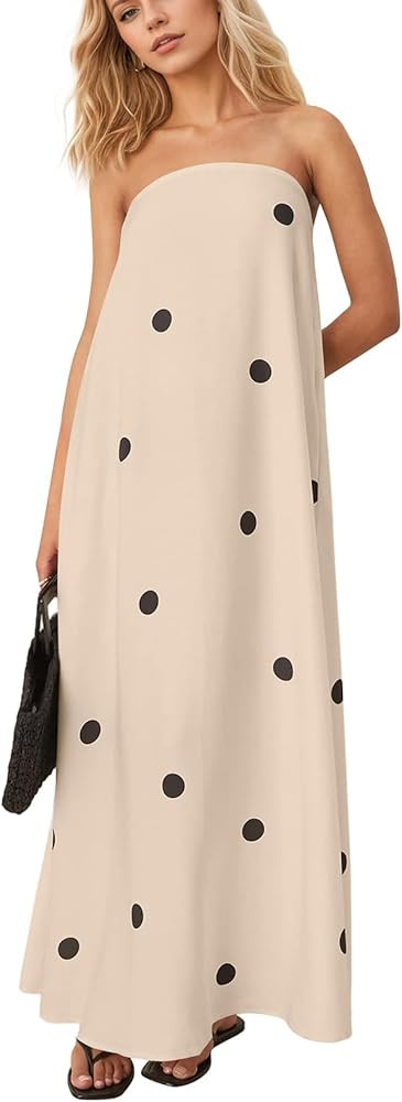 calbatic Women Polka Dot Strapless Maxi Dress Summer Flowy A Line Ruffle Backless Off Shoulder Lo... | Amazon (US)