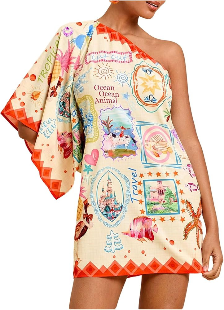 Floerns Women's Floral One Shoulder Mini Dress Dolman Sleeve Vacation Tunic Dresses | Amazon (US)