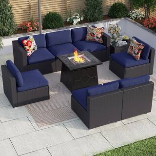 PHI VILLA 9PC Wicker Patio Fire Pit Set with Blue Cushions | The Home Depot
