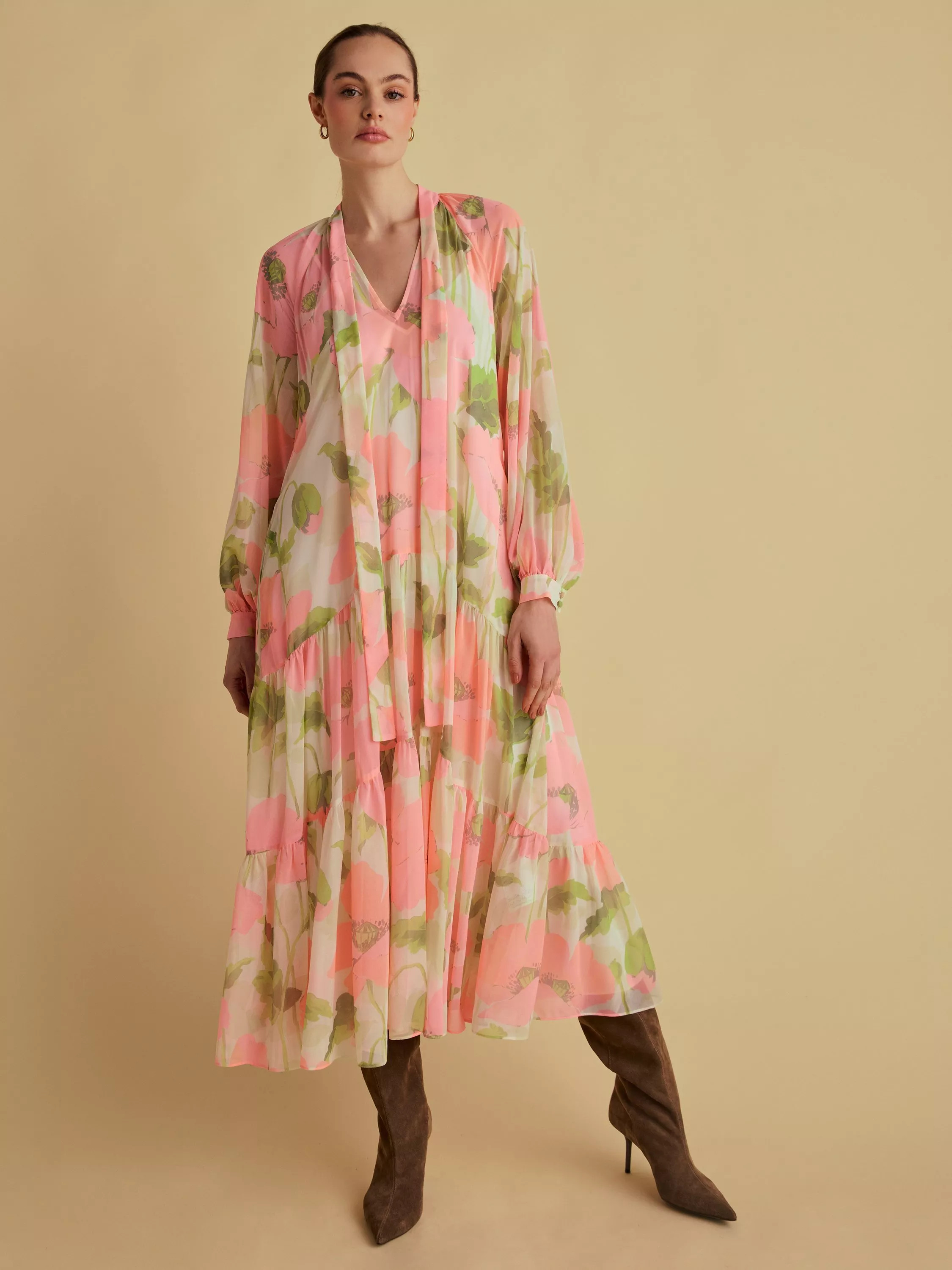 FLORERE Tie Neck Midi Dress, Multi | John Lewis (UK)