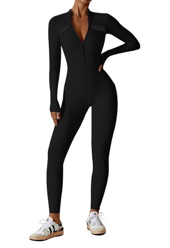 ECUPPER Women Long Sleeve Jumpsuit Workout Zip Up Romper Full Bodysuits One Piece Unitard Sexy Catsuit with Pockets Black S | Amazon (US)