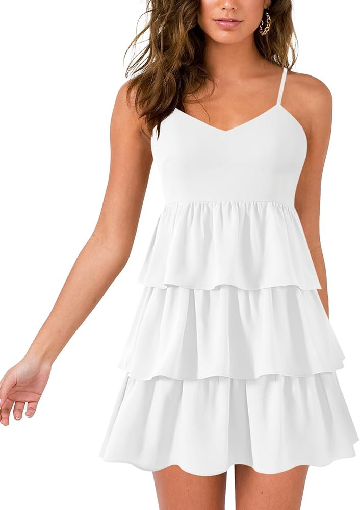Womens Sexy V Neck Summer Dress Adjustable Spaghetti Strap Sleeveless Flowy Mini Short Dresses | Amazon (US)