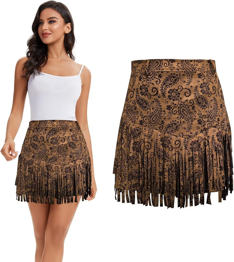 Women's Faux Suede High Waist A-Line Fringe Mini Skirt - Western Cowgirl Tassel Hem Casual Party ... | Amazon (US)