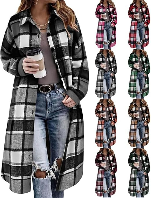 Flannel Shirt Women Long Button Down Plaid Jacket Fall Winter Oversized Lapel Shacket 2025 Trench... | Amazon (US)