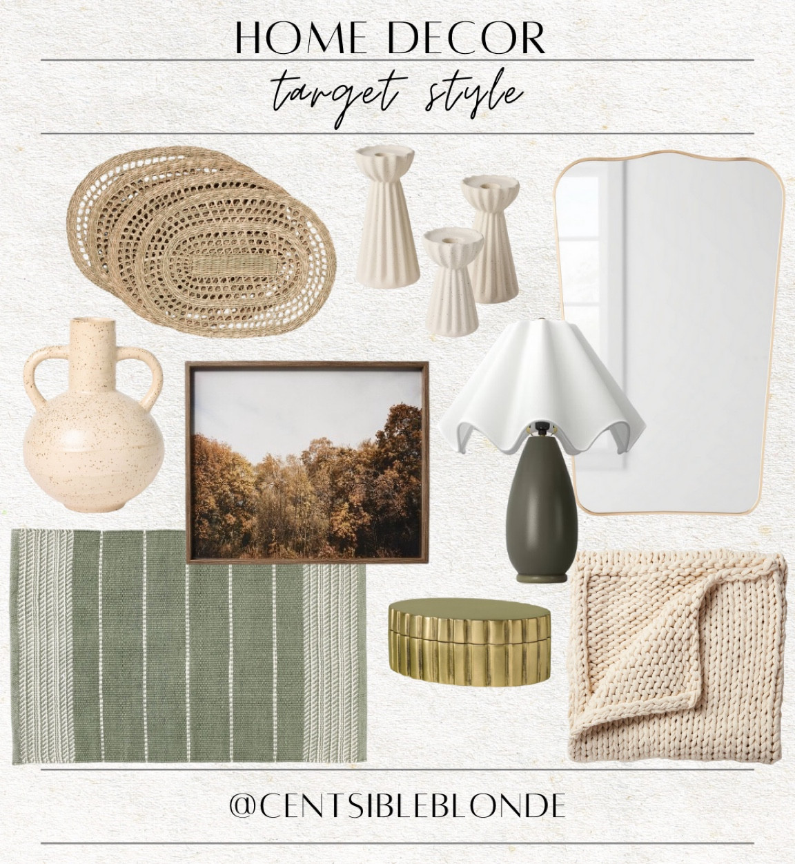 Home decor, home styling, living room, neutral decor, placemats, chargers, candlestick holders, vase, framed art, artwork, throw blanket, gold mirror, green lamp, table lamp, green rug, floor rug, decorative box

#LTKFindsUnder50 #LTKFindsUnder100 #LTKHome