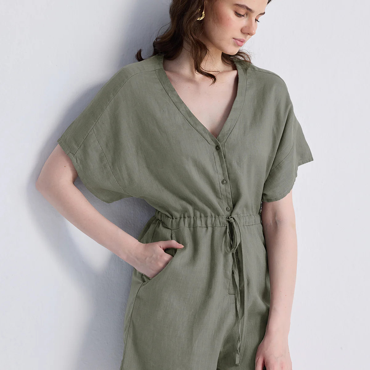 V neck Drawstring Romper in Dark Green | Reistor