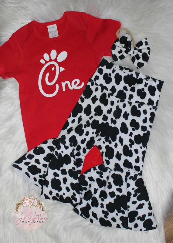 3 Pc Chick Fil A Cow Onesie Set, First Birthday, Baby Flare Pants, Chick Fil A Birthday,Baby Outf... | Etsy (US)