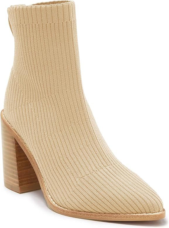 Coutgo Women's Sock Ankle Boots Pointed Toe Chunky High Stacked Heel Pull On Ribbed Knit Chelsea Boo | Amazon (US)