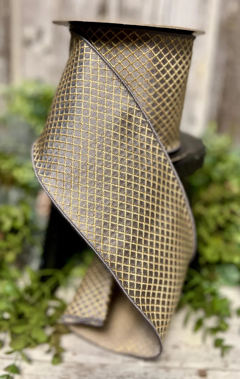 Ribbon, Ribbon for Wreaths, Designer Ribbon, 4" Ribbon, Jacquard Harlequin Trellis Ribbon in Gray... | Etsy (Global)
