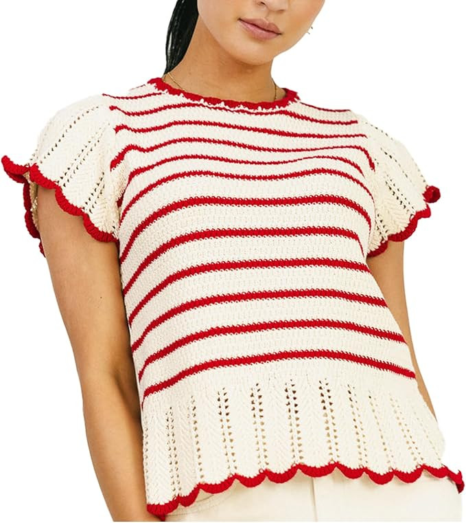 VAOYIU Women's Striped Breeze Crochet Top Cap Sleeve Ruffle Edges Knit Sweater Vest Casual Summer... | Amazon (US)