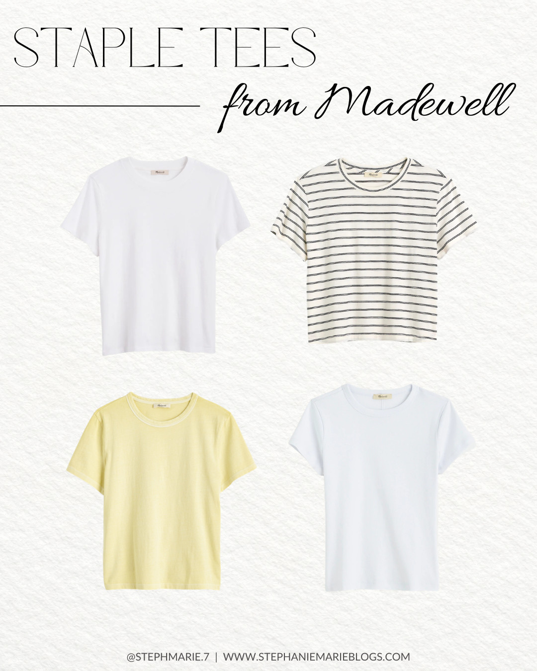 Looking for a new staple tee? These four from Madewell are such great options! The fit, comfort and color options are top tier. For a full review of my favorite white staple tees, follow along on YouTube! 🎥 StephanieMarie  

 #LTKootd #LTKSeasonal #LTKOver40