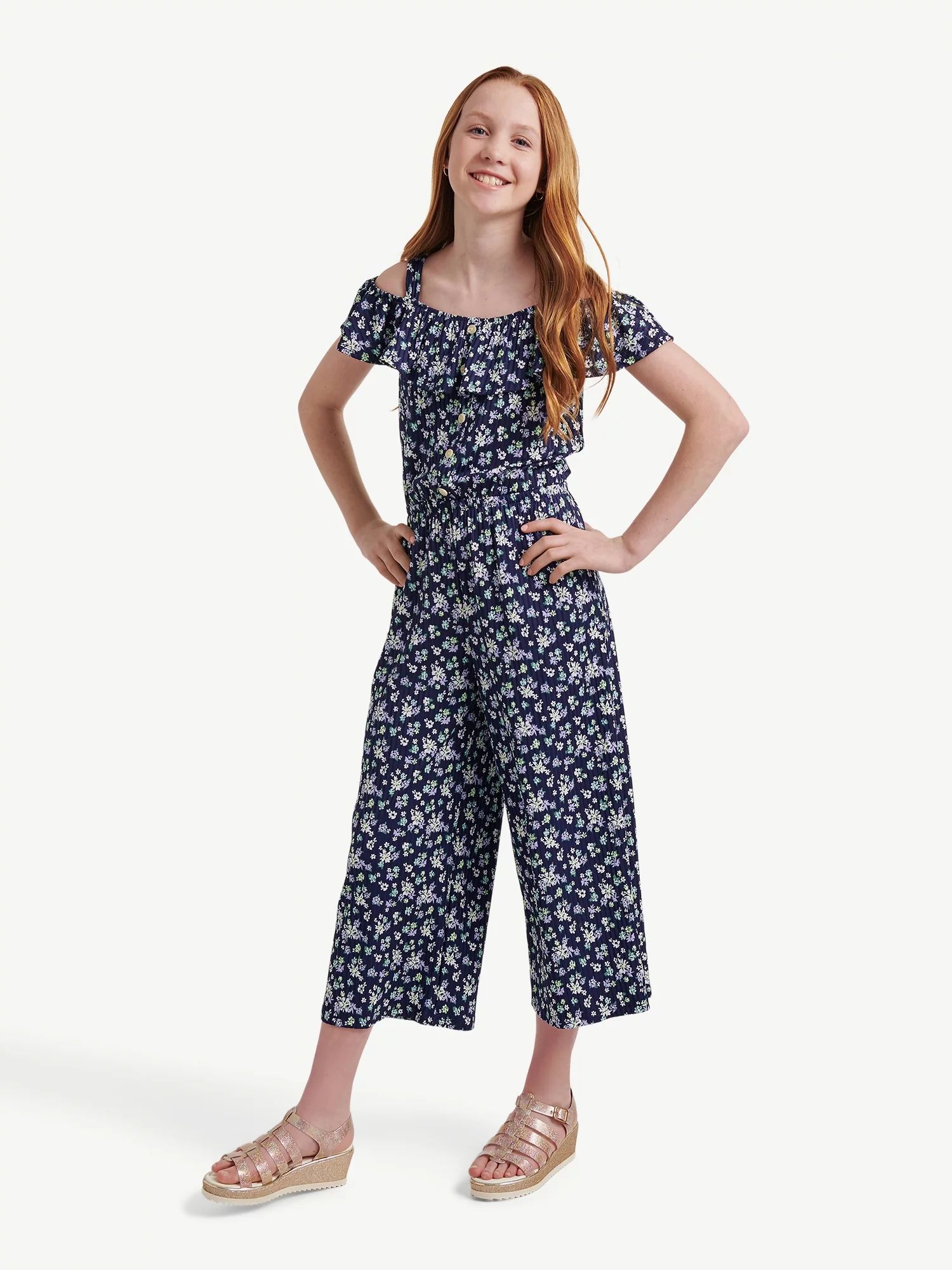 Justice Girls Flutter Sleeve Button Front Jumpsuit, Sizes XS-XLP | Walmart (US)