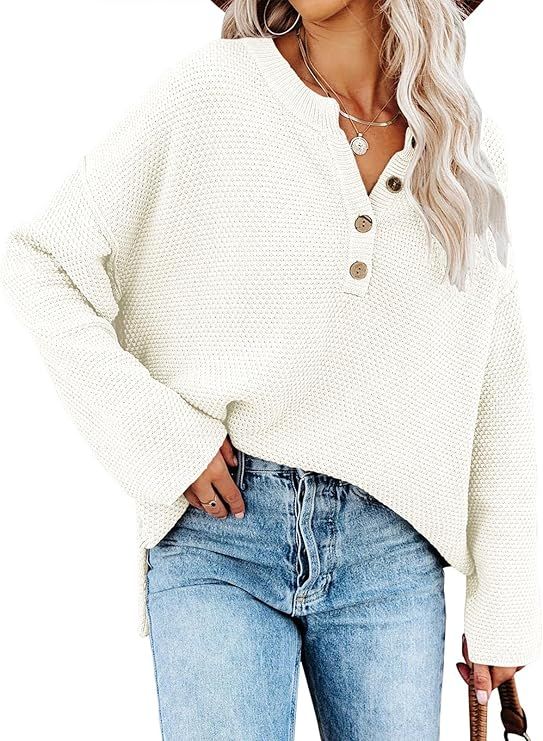Nigaga Women's Long Sleeve V Neck Button Oversized Knit Fall Winter Pullover Sweaters Casual Jump... | Amazon (US)
