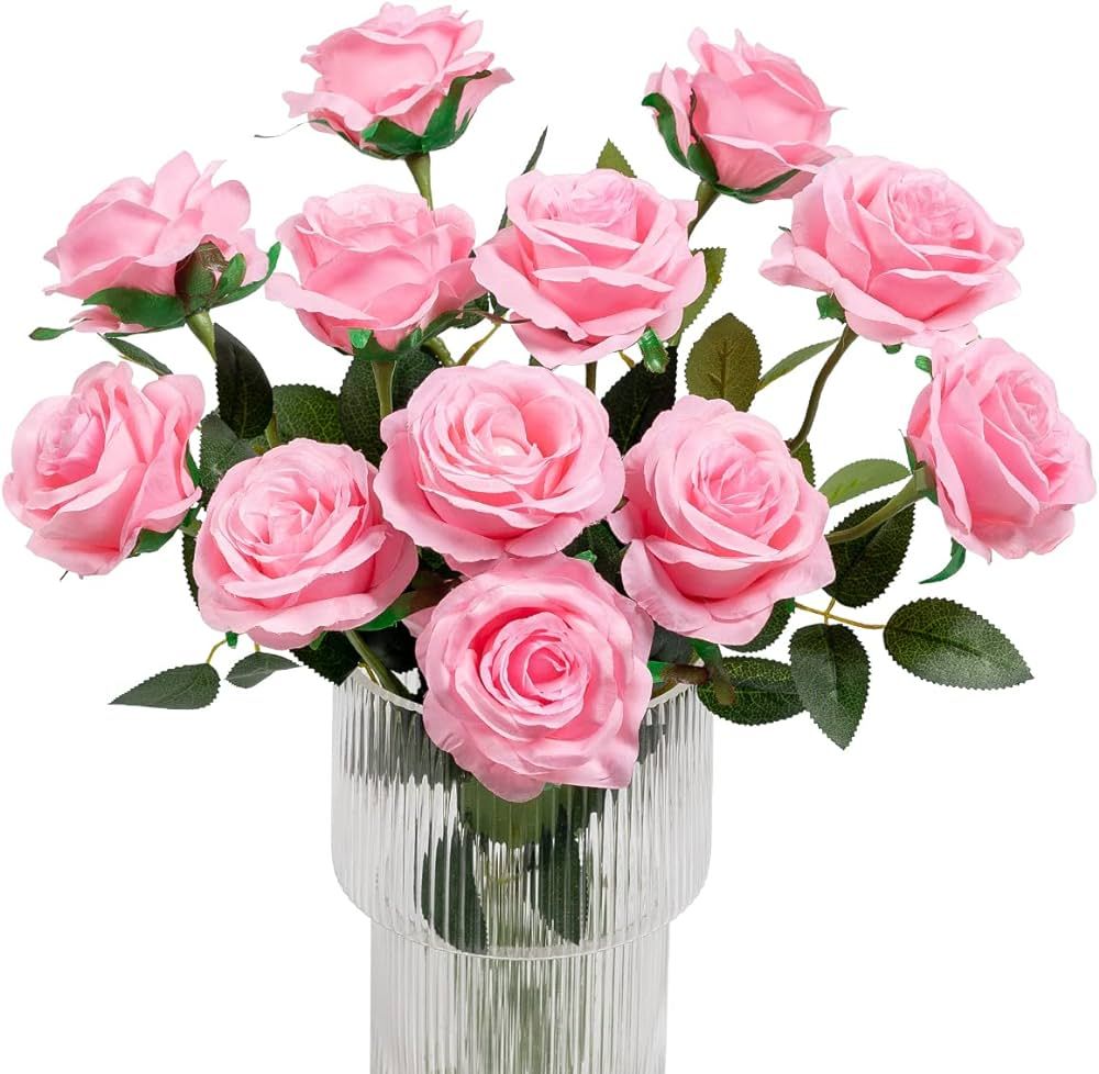 Kisflower 12Pcs Roses Artificial Flowers Realistic Single Stem Flowers Silk Rose Bouquet for Wedd... | Amazon (US)