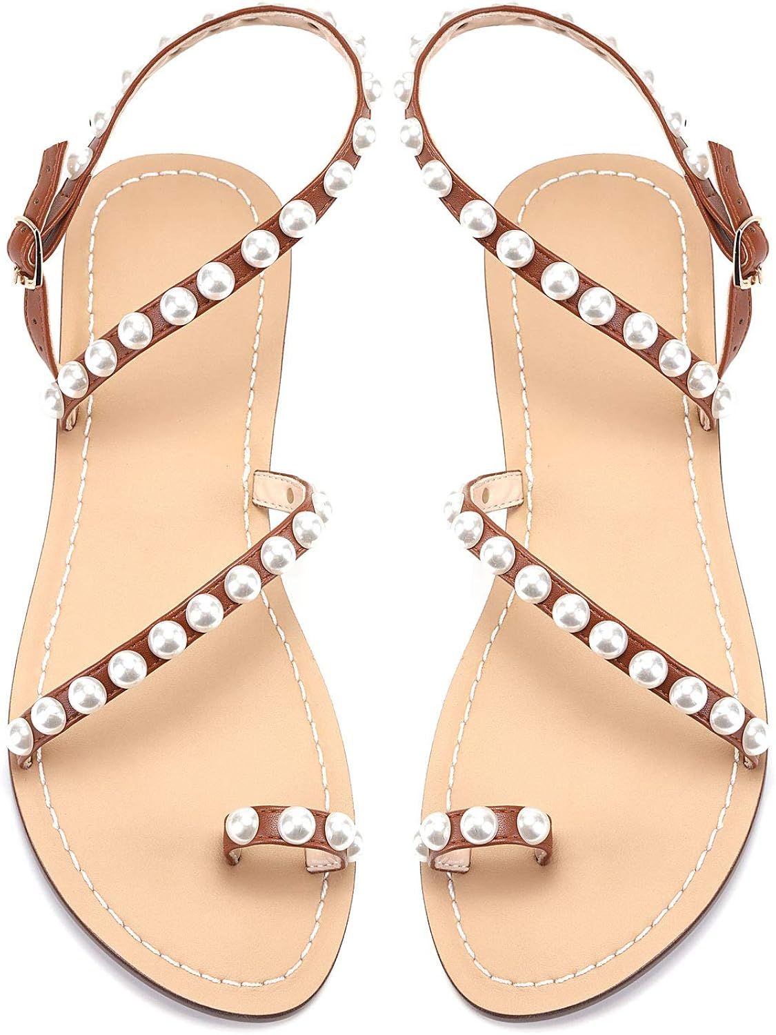 JF shoes Women's Crystal with Rhinestone Bohemia Flip Flops Summer Beach T-Strap Flat Sandals | Amazon (US)