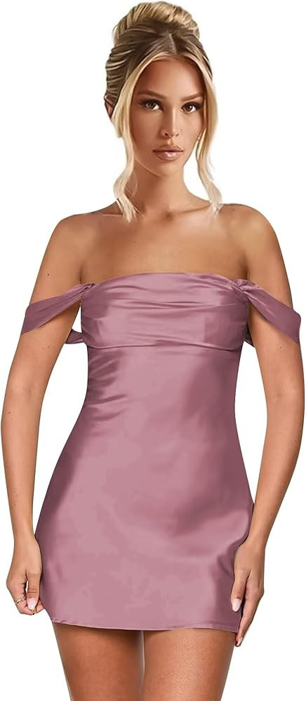 Amazon.com: enetly Satin Off Shoulder Red Short Homecoming Dresses for Teens Tight Open Back Grad... | Amazon (US)