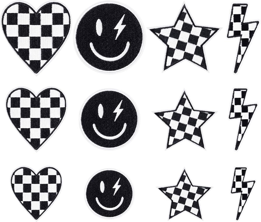12Pcs Black and White Checkered Iron on Patches Classic Racing Heart Star Smile Lightning Bolt Se... | Amazon (US)