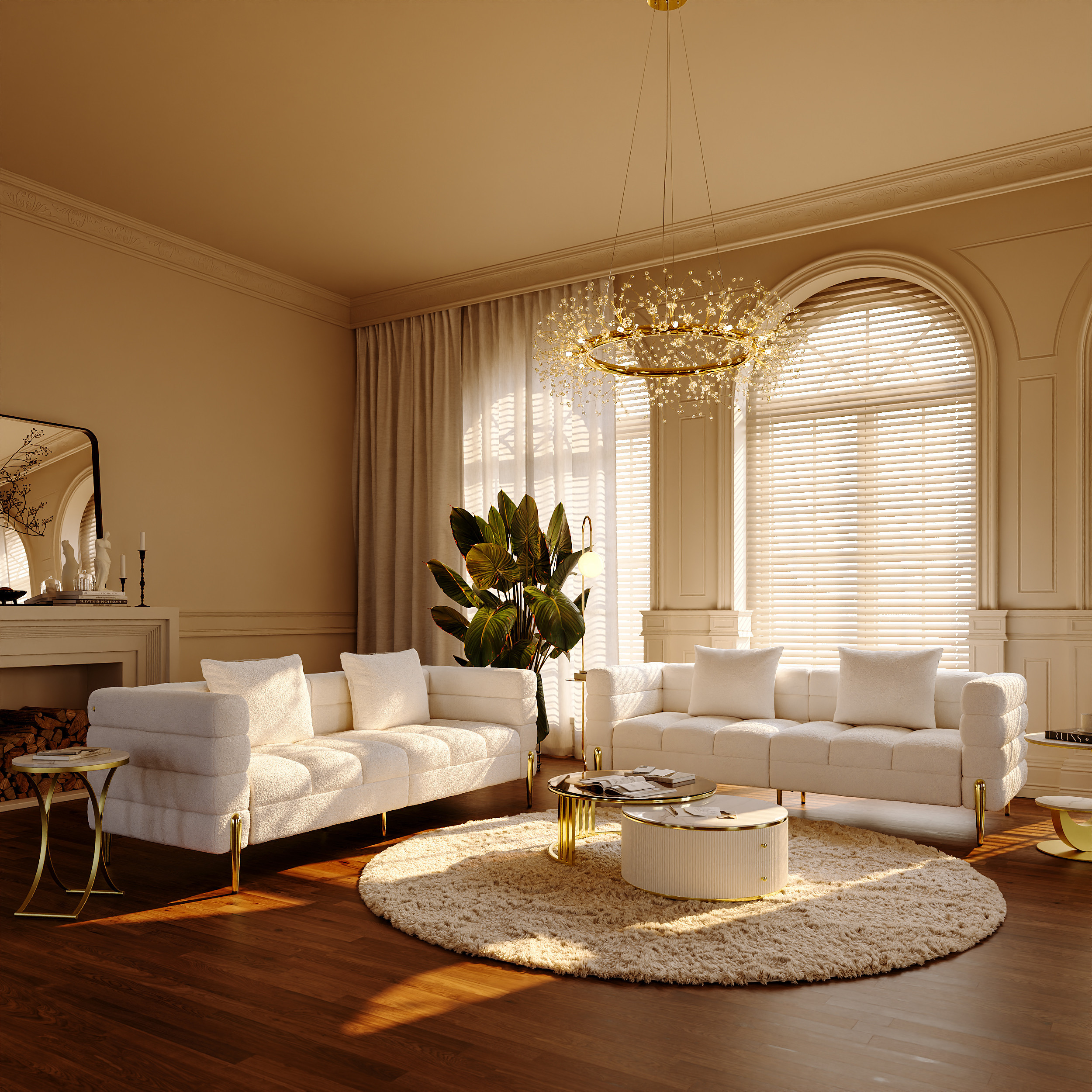 Living Room Couch Set of 2 White Boucle Upholstered Fluted 3-Seater Sofa with Pillows | Homary