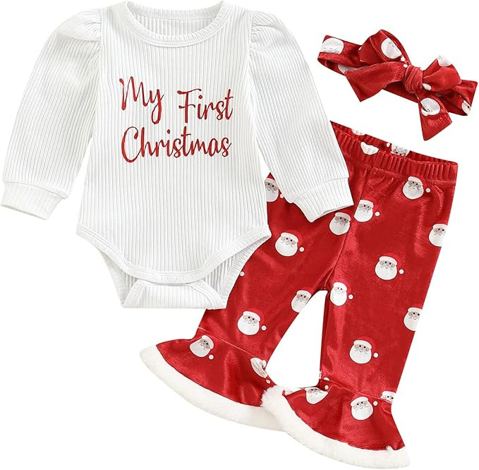 Baby Girl My 1st Christmas Outfits Letter Long Sleeve Romper Tops+Bell Bottom Pants+Headband 3 Pc... | Amazon (US)
