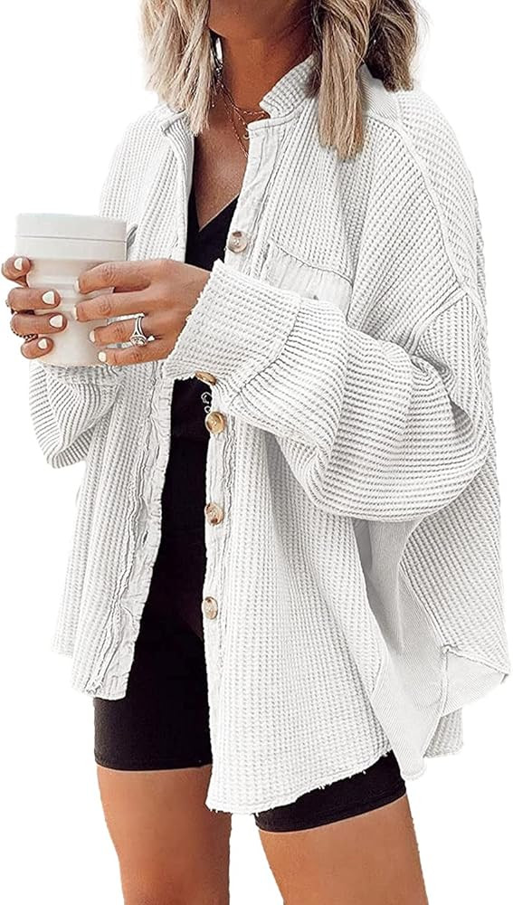 Yanekop Womens Waffle Knit Shacket Boyfriend Shirt Jacket Button Down Blouse Loose Fit Long Sleeve T | Amazon (US)