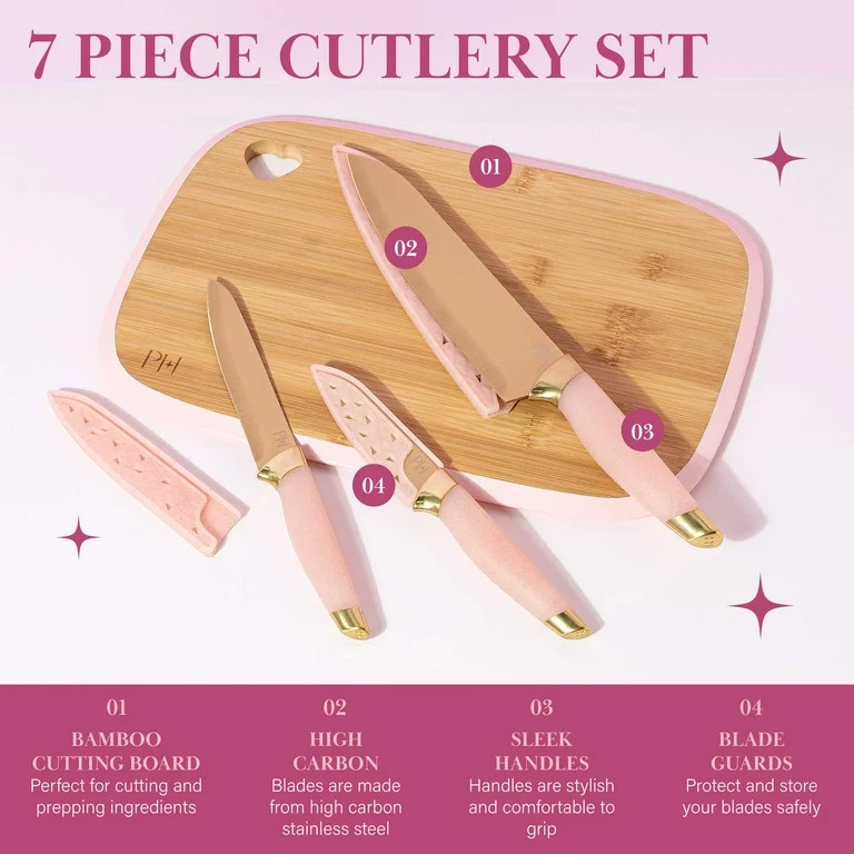 Paris Hilton 7-Piece Reversible Bamboo Heart Cutting Board and Stainless Steel Cutlery Set, Pink ... | Walmart (US)