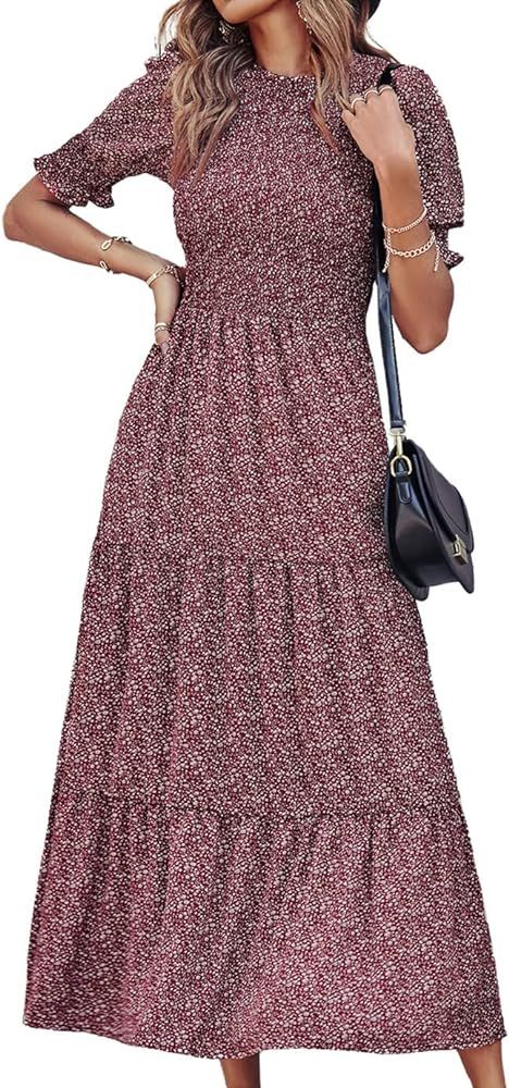 BTFBM Women’s Dresses Crewneck Casual Summer Ruffle Short Sleeve Bohemian Tiered Smocked Long Maxi D | Amazon (US)