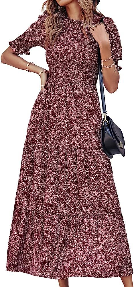 Amazon.com: BTFBM Women’s Dresses Crewneck Casual Summer Ruffle Short Sleeve Bohemian Tiered Sm... | Amazon (US)
