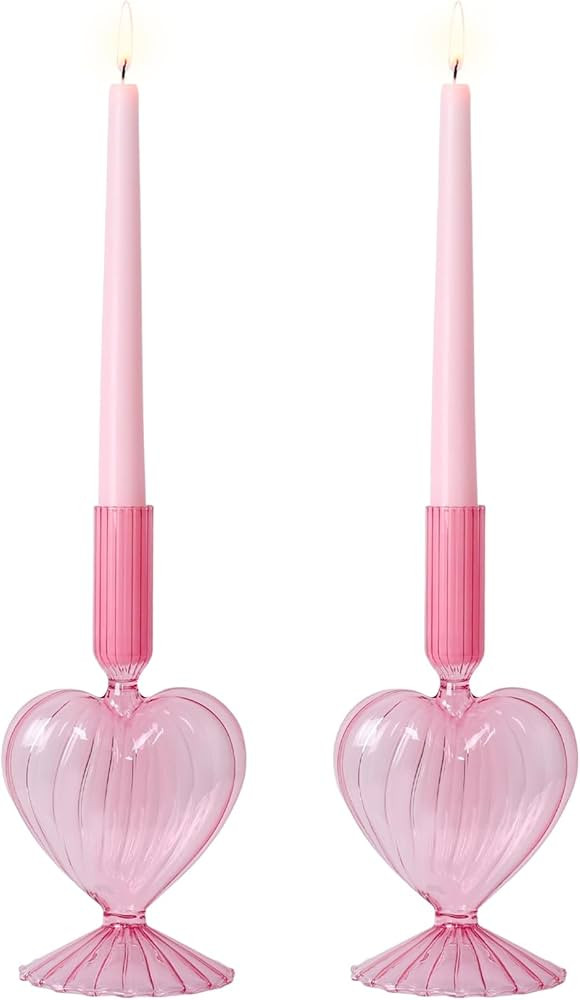 NEEDOMO Valentines Day Decorations, Set of 2 Pink Heart Glass Candlestick Holders for Valentines ... | Amazon (US)