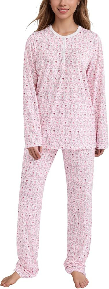 Womens Henley Pajamas Set 2 Piece Long Sleeve Monkey Print Lounge Sets Preppy Sleepwear Pjs for V... | Amazon (US)