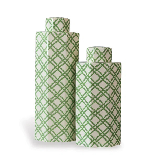 2 Piece Bamboo Trellis White/Green Porcelain Jar Set | Wayfair North America