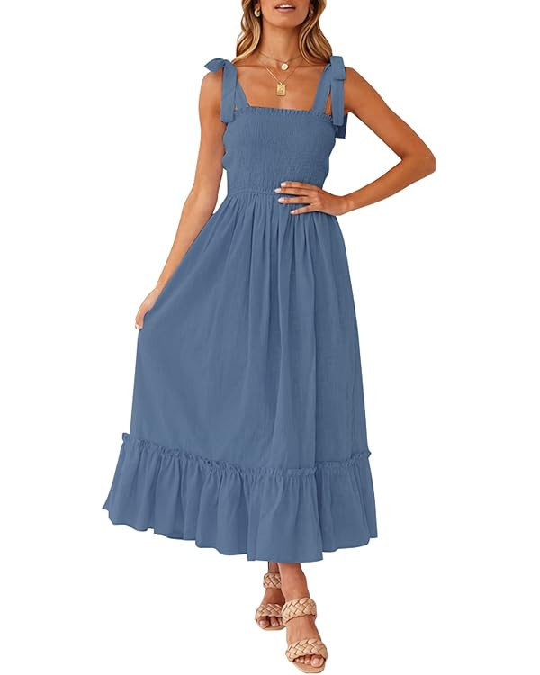 ZESICA Women's 2024 Summer Boho Spaghetti Strap Square Neck Solid Color Ruffle A Line Beach Long ... | Amazon (US)