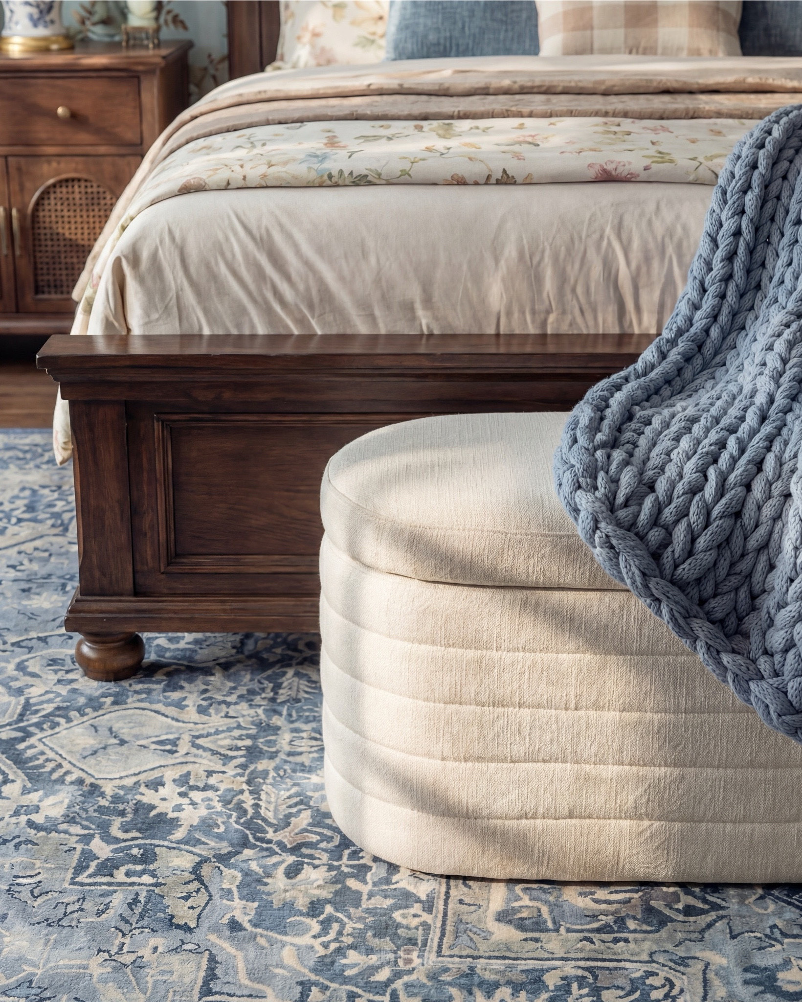Bedroom Refresh : Shop The Look.
This bedroom is giving cozy vintage charm with a dreamy blue twist. The floral wallpaper sets the entire mood—soft, nostalgic, and full of that storybook warmth that instantly makes a space feel lived-in and loved. The dark wood bed adds richness, grounding the palette with a timeless, heirloom feel.

The blue accent pillows and that chunky knit throw tie the tones together so effortlessly. And the ceramic lamps with the blue chinoiserie pattern? They add the perfect touch of classic elegance. Even the pampas brings in a little softness and movement that makes the whole room feel airy.

The upholstered bench at the foot of the bed is such a luxe finishing touch—layered, textural, and functional. Combined with the blue patterned rug, everything flows in the most calming, cohesive way.

Shop the Look:
• Blue floral wallpaper
• Dark wood bed frame
• Chunky knit blue throw
• Blue patterned area rug
• Cream upholstered bench
• Blue + cream accent pillows
• Chinoiserie-style ceramic table lamps
• Pampas stems for softness
• White decor books
• Brown decor beads

#LTKsale #LTKhome #LTKstyletip