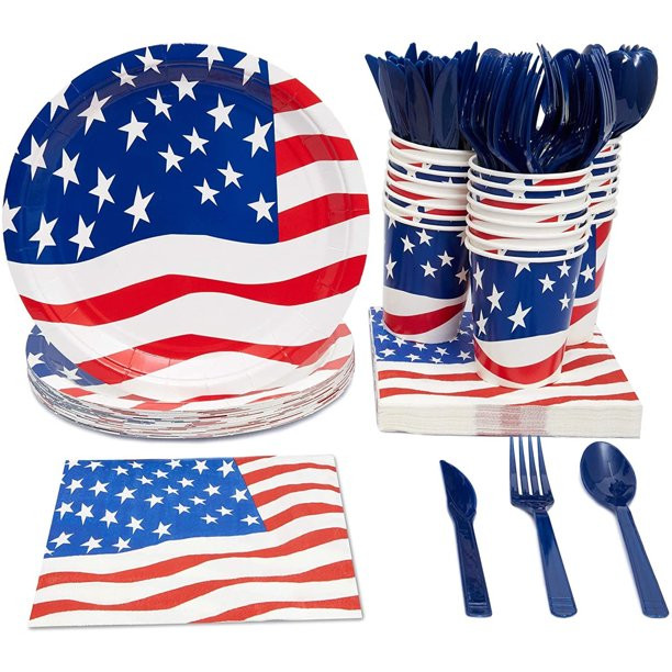 144 Pieces 4th of July Party Supplies, American Flag Plates, Napkins, Cups, Cutlery for Memorial ... | Walmart (US)