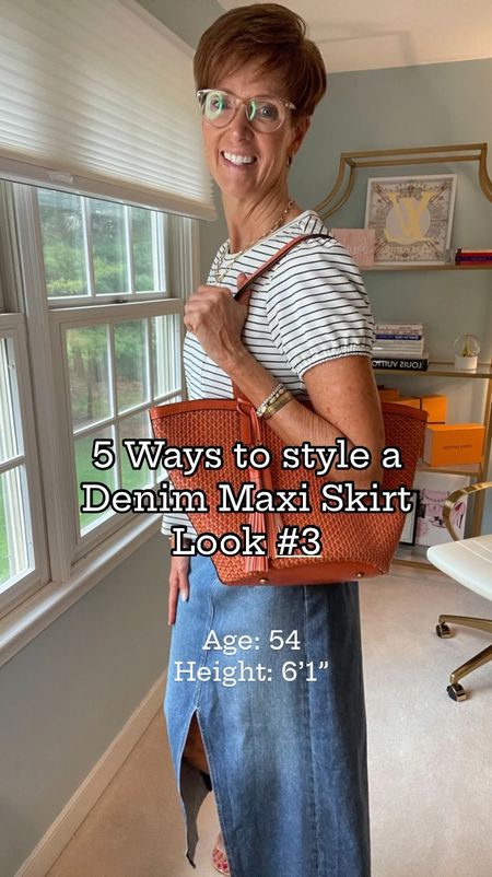 5 ways to style a denim maxi skirt.
Day 3
Wearing a stripe peplum top with a puff sleeve paired with an orange bag for a pop of color.

Over 50 fashion, tall fashion, workwear, everyday, timeless, Classic Outfits

Hi I’m Suzanne from A Tall Drink of Style - I am 6’1”. I have a 36” inseam. I wear a medium in most tops, an 8 or a 10 in most bottoms, an 8 in most dresses, and a size 9 shoe. 

fashion for women over 50, tall fashion, smart casual, work outfit, workwear, timeless classic outfits, timeless classic style, classic fashion, jeans, date night outfit, dress, spring outfit, jumpsuit, wedding guest dress, white dress, sandals

#LTKOver40 #LTKFindsUnder100 #LTKStyleTip