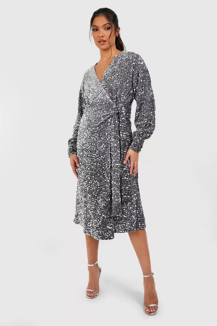 Maternity Velvet Sequin Wrap Midi Dress | boohoo (US & Canada)