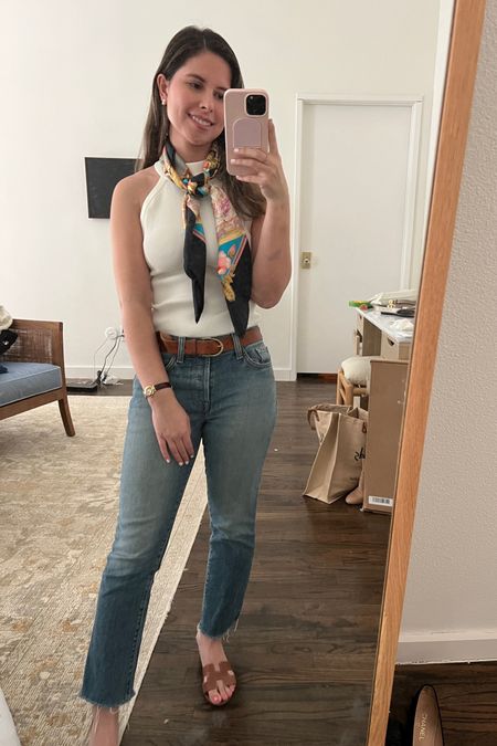 Hill house home grandpa , spring outfit, casual denim outfit, scarf, Hermes scarves, Baldwin jeans, cut too, neutral outfit, Hermes sandals, j. Crew belt, silk scarf, classic style, petite style, white cardigan 