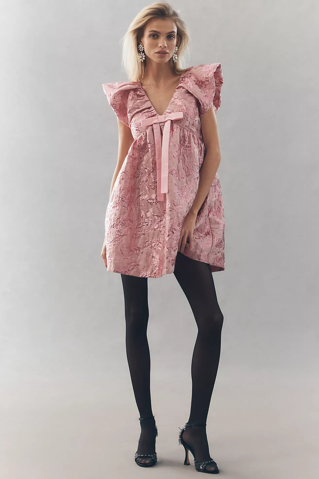 Endless Rose Babydoll Jacquard Bow Mini Dress | Anthropologie (US)