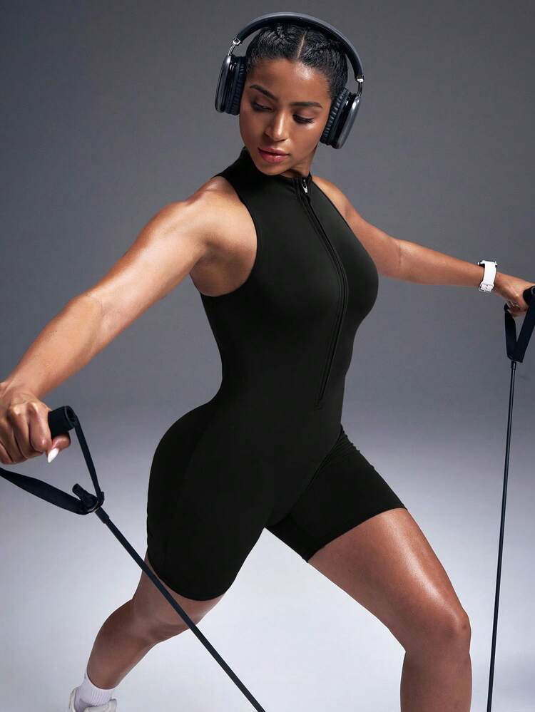 Powerista Women's Solid Color Sleeveless Stand Collar Summer Sports Jumpsuit | SHEIN