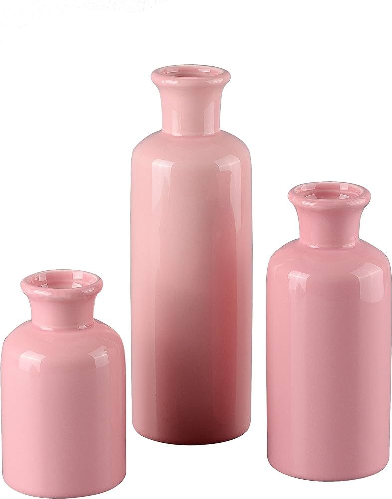 Elegant Pink Vase for Decor Set of 3, Ceramic Rustic Vase for Decor, Modern Farmhouse Vase for Bo... | Amazon (US)