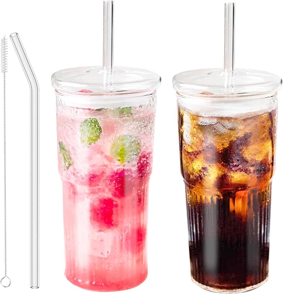 Glass Tumbler with Straw and Lid, 20 OZ Clear Iced Coffee Glasses Cups for Ice Water, Juice, Tea,... | Amazon (US)