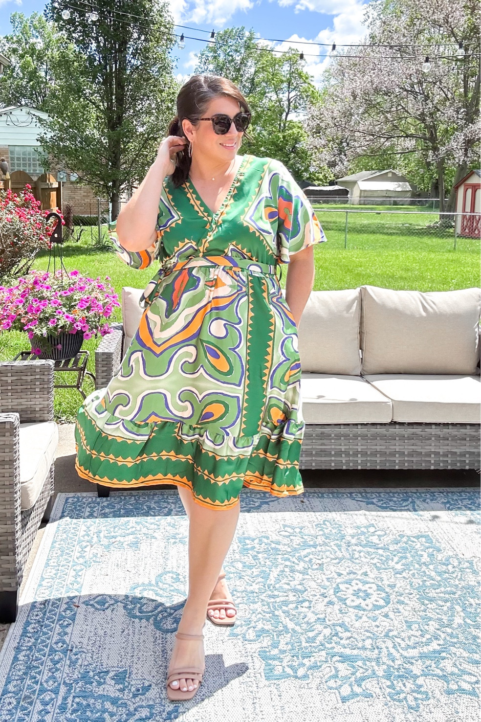 Bloom Chic dress with gorgeous geometric pattern. I’m wearing a 14/16 
Women’s dress 
Wedding guest dresses 
Mother’s Day dresses 
Midsize dress 

#LTKWedding #LTKPlusSize #LTKOver40