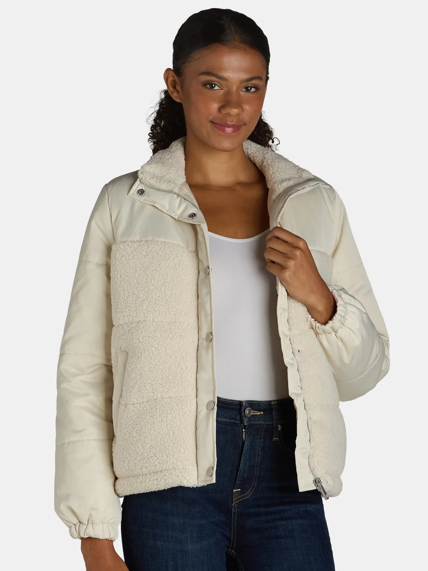 Time and Tru Women's and Women’s Plus Mixed Media Puffer Jacket, Sizes XS-3X - Walmart.com | Walmart (US)