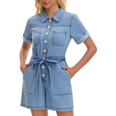 INSPIRE CHIC Women's Short Sleeve Turndown Collar Denim Button Elastic Waist Jean Romper Shorts Small Blue | Target