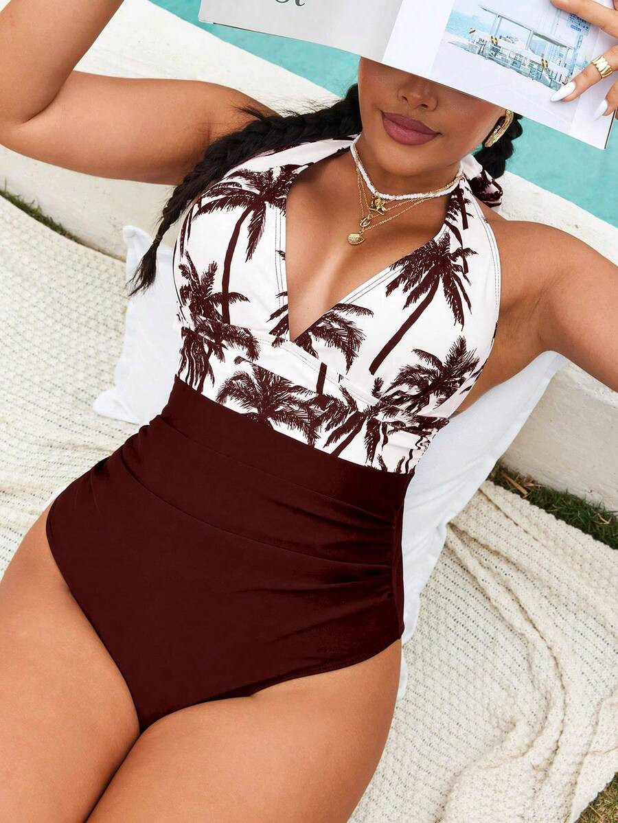 Swim Lushoire Plus Size Women Palm Tree Print Ruched Halter One-Piece Swimsuit Plus Size Tummy Co... | SHEIN