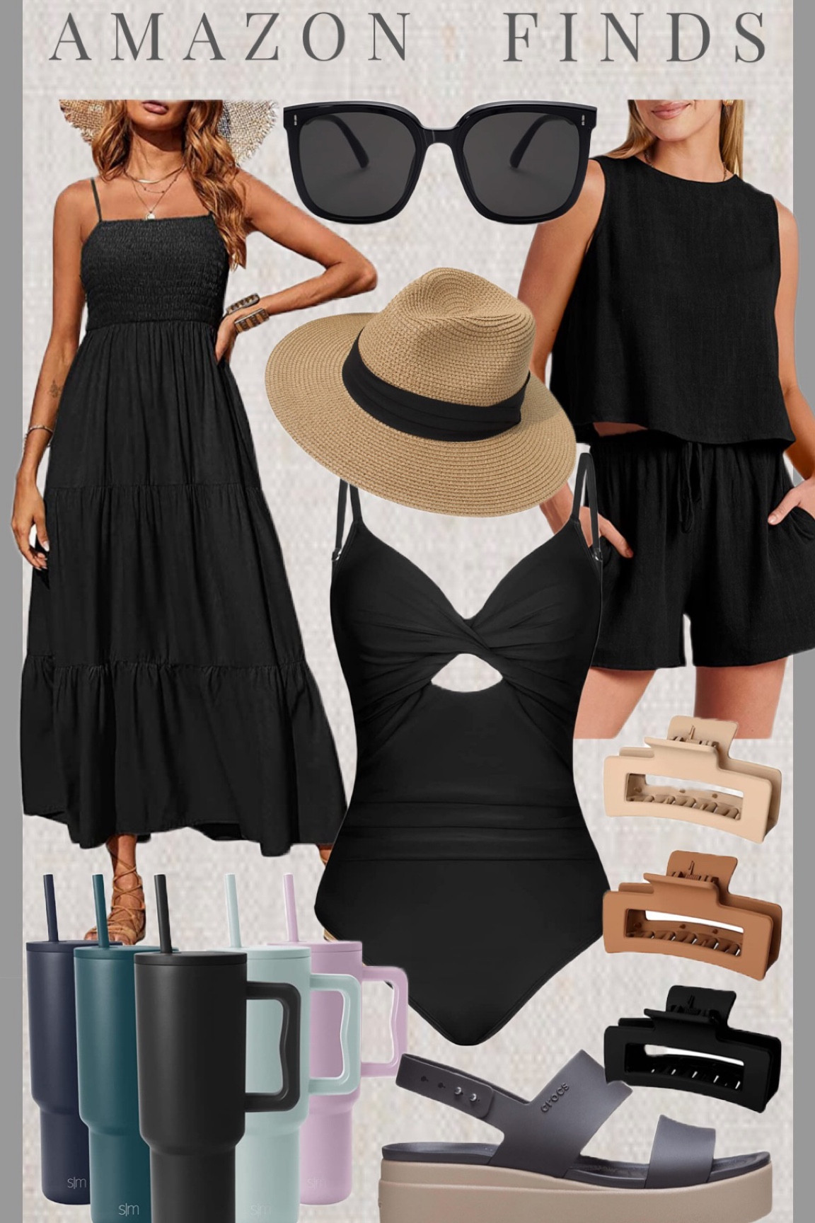 Amazon finds- beach and resort wear. Summer clothes. Summer outfits, black dress, black bathing suit, summer fedora, tumblers, hair accessories. Outfit ideas for women. Flattering fashion.

#LTKswim #LTKstyletip #LTKFind