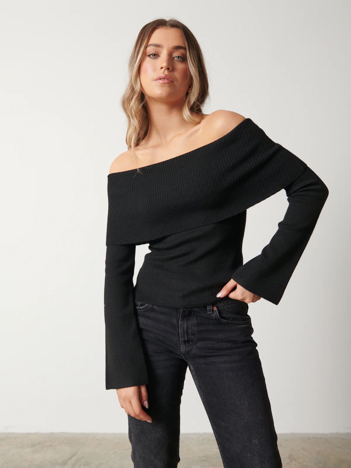 Soreya Bardot Knit Top - Black | Pretty Lavish (UK)