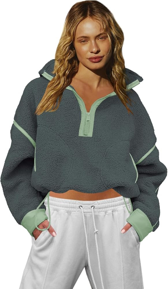 LAMISSCHE Half Zip Sweatshirt Women Oversized Sherpa Jacket V Neck Fleece Pullover Hoodie with Po... | Amazon (US)