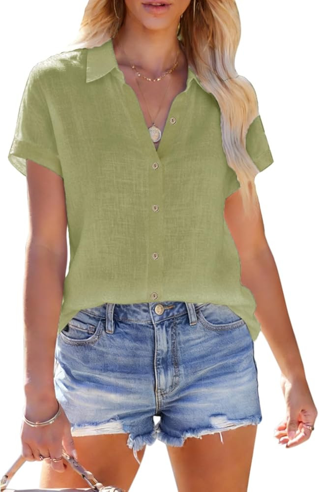 Womens Linen Shirts Short Sleeve Button Down Shirts Casual Vacation Beach Summer Tops Cowgirl Wes... | Amazon (US)