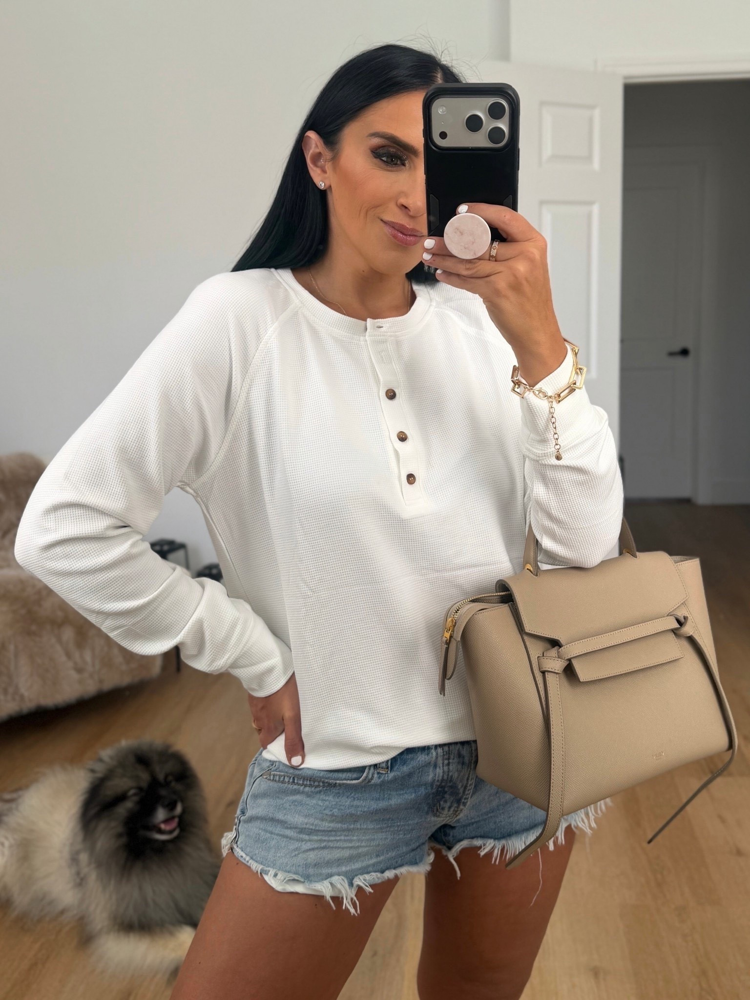 Women's Long Sleeve Waffle Knit Shirt wearing size medium. 