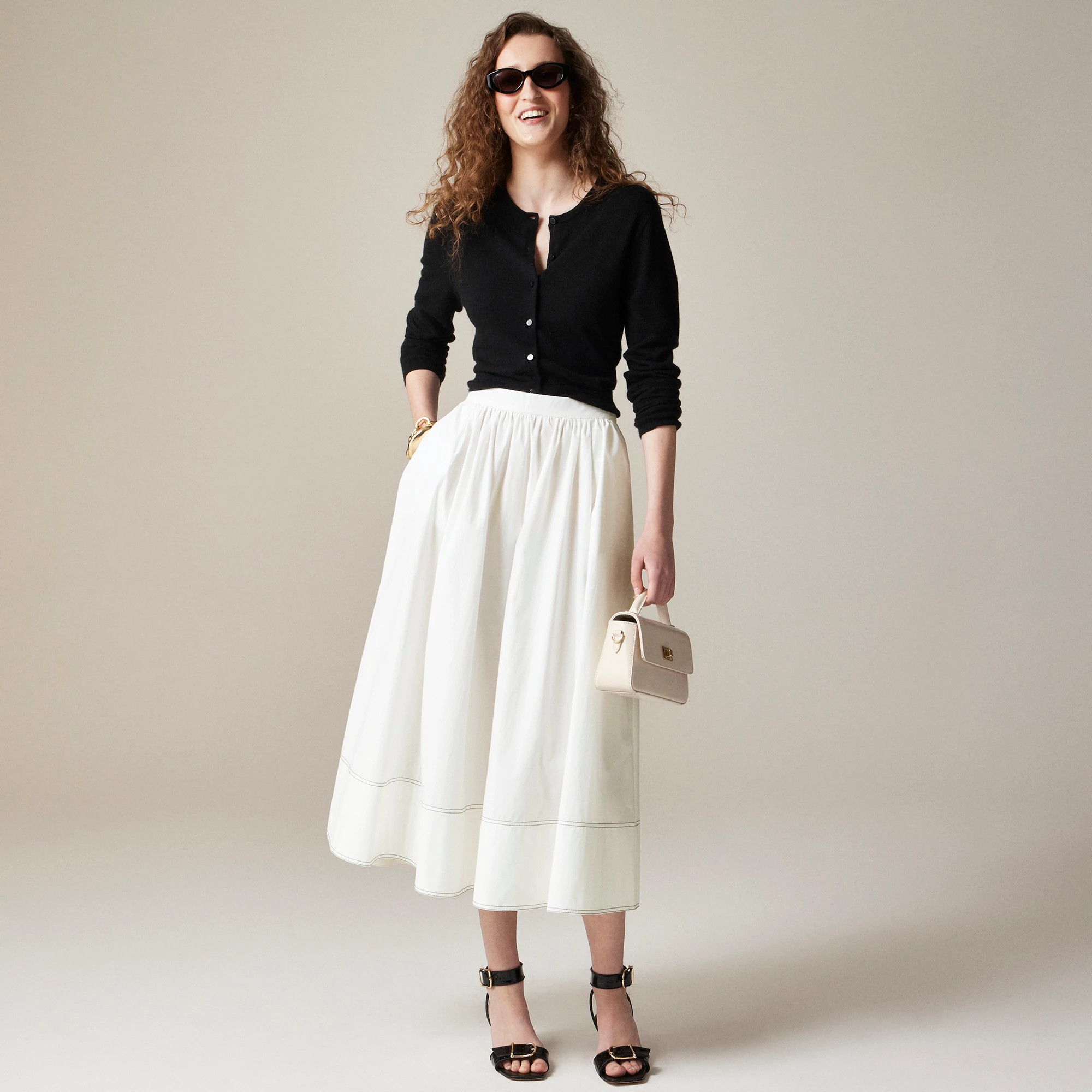 Contrast-stitch midi skirt in cotton poplin | J. Crew US